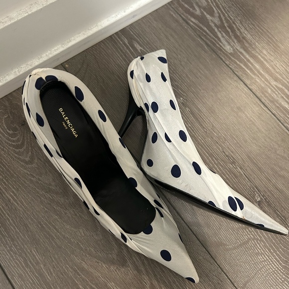 Balenciaga Knife Polka Dot Satin + Leather Pump Heels *BARELY WORN* - Picture 6 of 10